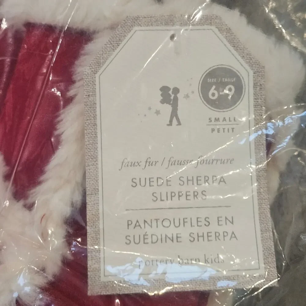 Pottery Barn Kid Suede Sherpa Slippers Red Size 6-9 Cozy Winter NEW Gift Holiday